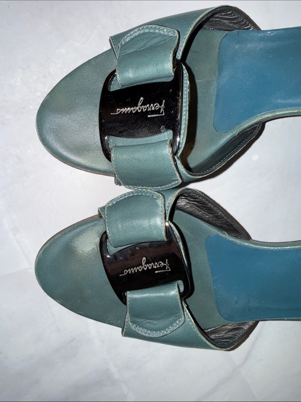 Salvatore Ferragamo Teal Leather Buckle Slide Mules - Picture 8 of 12